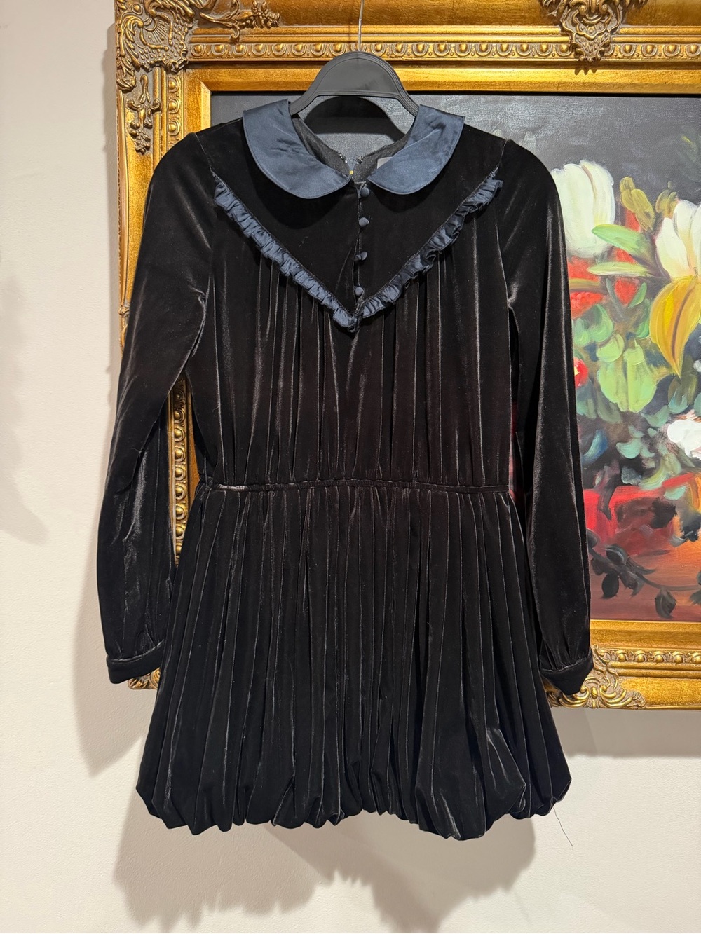 Gracia Black Velvet Pleated Mini Dress with Peter Pan Collar